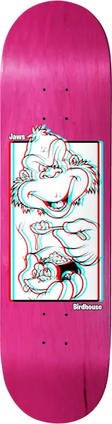 Birdhouse Jaws 3D Animals 8.38 skateboard deck: Outline cartoon of a grinning gorilla eating cereal from a bowl with a spoon, rendered in a red and cyan 3D anaglyph effect inside a white panel on a pink stained deck. Small Jaws and Birdhouse labels.