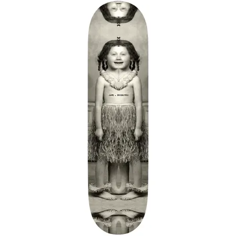 Birdhouse Jaws Beautiful Mutants 8.125 skateboard deck: Sepia vintage photograph of a smiling girl in a grass skirt, mirrored top and bottom so a second upside-down head and feet appear at each end. Small typewriter text on her chest reads Jaws . Birdhouse.