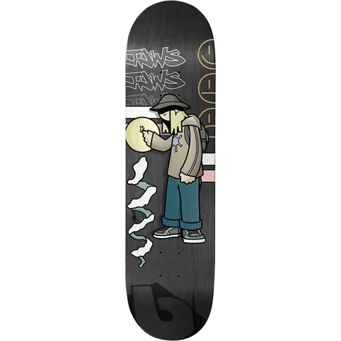 Birdhouse Jaws Been Here 8.475 skateboard deck: Cartoon figure in a bucket hat and backpack sprays a glowing yellow circle on a wall, with smoke wisps below and graffiti-style Jaws tags, stripes and a smiley outline at the top of a black wood-stained deck.