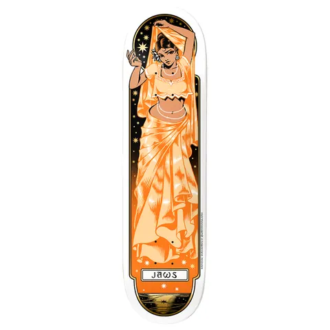 Birdhouse Jaws Divine Aura 8.25 skateboard deck: Art nouveau style illustration of a woman in an orange sari with arms raised, framed by a starry night arch with a stylised sea at the foot. Name plaque near the bottom on a white deck.
