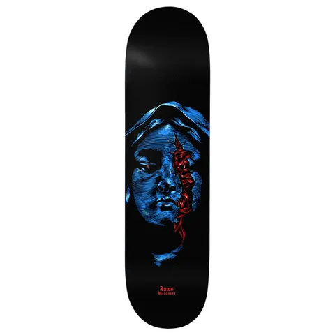 Birdhouse Jaws Duality 8.38 skateboard deck: Black deck with a blue engraved-style face of a hooded Madonna-like figure, half covered by a red thorny vine or serpent. Rider and brand names in small red lettering at the tail.