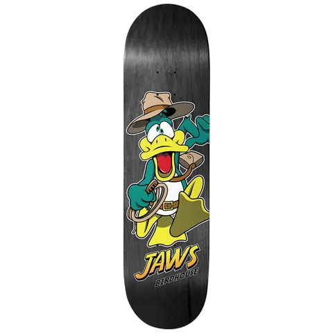 Birdhouse Jaws Duck Jones 8.38 skateboard deck: Grey-stained deck with a cartoon duck dressed as an adventurer in a fedora, satchel and belt, coiling a whip and looking startled. Jaws and Birdhouse lettering sits at the bottom.