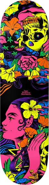 Birdhouse Jaws Emotions 8.25 skateboard deck: Blacklight-style illustration of a woman in profile with a yellow hibiscus in her hair, hand raised, below a yellow skull wreathed in roses, lilies and mushrooms. Small Jaws Birdhouse Skateboards logo in the centre.