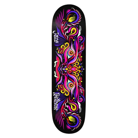 Birdhouse Jaws Entities 8.38 skateboard deck: Black deck with a symmetrical, ornate psychedelic pattern of swirling flames, eyes and curling forms in pink, purple, yellow and blue. Blackletter-style names run along each side.