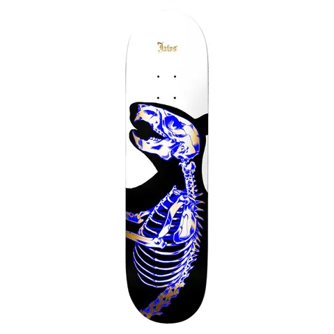 Birdhouse Jaws Golden Remains 8.38 skateboard deck: X-ray style blue and gold skeleton of a howling dog or wolf, set against a black silhouette on a white upper deck. Jaws name in small gold gothic lettering at the top.