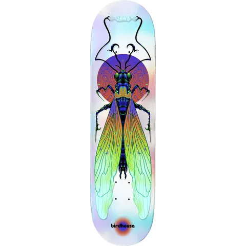 Birdhouse Jaws Ilham Insects 8.38 skateboard deck: A detailed illustration of a winged insect with iridescent green, yellow and orange wings in front of a purple and orange sun. Jaws lettering sits at the top, on a pearly holographic white background.