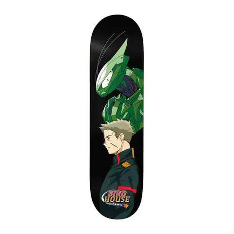 Birdhouse Jaws Red Shift 8.38 skateboard deck: Anime-style artwork of a young man in a dark military-style uniform in profile, with a large green armoured mecha head looming behind him, on a black background with a Birdhouse Jaws logo at the bottom.