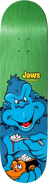 Birdhouse Jaws Remix 8.25 skateboard deck: A grinning blue gorilla in a cartoon style eats from a spoon of marshmallow cereal, holding a bowl in which a small orange monkey peers up. The rider's name and brand sit in yellow at the top left of the green stained deck.