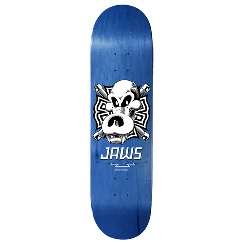 Birdhouse Jaws Skull 8.25 skateboard deck: Black and white cartoon hippo-like skull with fangs and crossed bones over a maltese-cross pattern, JAWS in white capitals beneath with a lightning bolt line, on a blue stained deck.