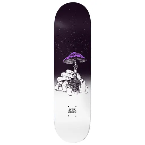 Birdhouse Jaws Teacher Purple 8.25 skateboard deck: Two hands cradle a purple-capped mushroom with trailing roots, rising against a starry dark purple sky that fades to white at the tail. Small Jaws and Birdhouse text near the bottom.