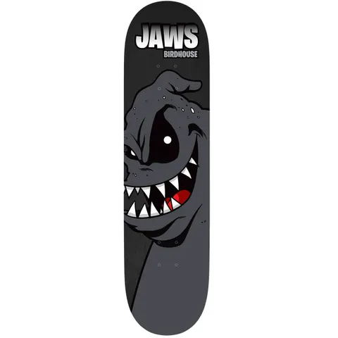 Birdhouse Jaws Yuk Mouth Black 8.38 skateboard deck: Dark grey deck with a cartoon grey monster peeking in from the left edge, grinning with sharp white teeth and a red tongue. The Jaws and Birdhouse logo sits at the top.
