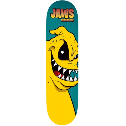Birdhouse Jaws Yuk Mouth 8.38 skateboard deck: A cartoon yellow monster with a menacing grin, sharp white teeth and black eye fills the lower half of a teal deck. A Jaws title in red and yellow lettering with the Birdhouse name sits at the top.
