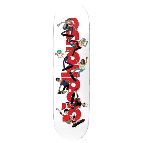 Birdhouse Jay Howell Team 8.5 skateboard deck: Cartoon skaters in varied outfits and hair colours tumble and ride down the deck, overlapping a large red Birdhouse logo set vertically on a white deck.