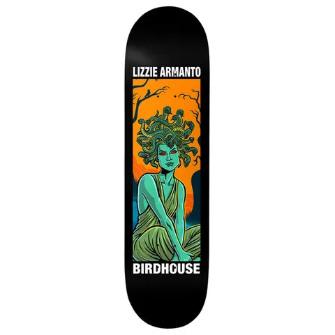 Birdhouse Lizzie Armanto Second Life 8.25 skateboard deck: A green-skinned Medusa with red eyes and snakes for hair sits cross-legged in a draped robe against an orange sky and bare trees, inside a rectangular panel on a black deck. Rider and brand names appear above and below.