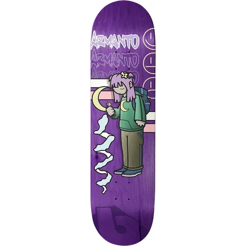 Birdhouse Lizzie Armanto Been Here 8.0 skateboard deck: Cartoon girl with lilac hair, backpack and moon-motif jumper sprays a crescent moon on a wall, with smoke wisps below and graffiti-style Armanto tags and stripes at the top of a purple deck.
