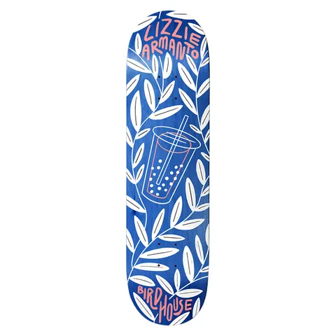 Birdhouse Lizzie Armanto Boba 8.25 skateboard deck: Line drawing of a bubble tea cup with straw and tapioca pearls, surrounded by white leafy branches on a blue stained deck. LIZZIE ARMANTO and BIRDHOUSE are lettered in coral pink at either end.