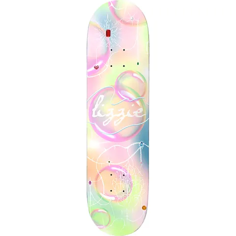 Birdhouse Lizzie Armanto Bubbles 8.25 skateboard deck: Soft pastel airbrushed gradient with translucent soap bubbles, small coloured gemstones and fine white filigree lines. The name lizzie is written in white script inside the central bubble.
