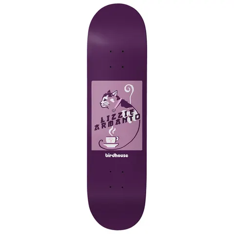 Birdhouse Lizzie Armanto Cat 8.0 skateboard deck: Pale mauve rectangular panel on a deep purple deck showing an illustrated cat curled around a steaming cup and saucer, with the rider name across it in angular lettering and a Birdhouse logo below.