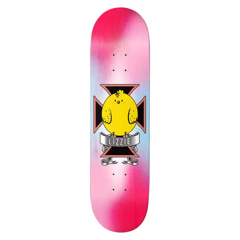 Birdhouse Lizzie Armanto Chickpea Multi 8.0 skateboard deck: Yellow cartoon chick sits in front of a black iron cross with a silver scroll banner reading Lizzie. Background is a pink, red and pale blue tie-dye wash with faint rays.