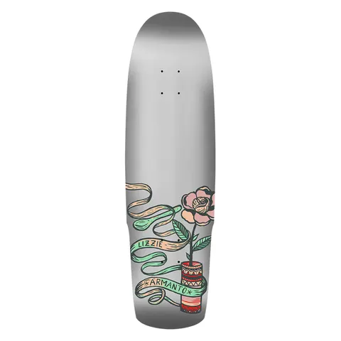 Birdhouse Lizzie Armanto Companion Shaped 8.75 skateboard deck: Shaped deck with a silver metallic top and a tattoo-style pink rose in a patterned red pot near the tail, with green and cream ribbons carrying the rider name.