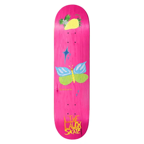 Birdhouse Lizzie Armanto Dani Pink 8.125 skateboard deck: Naive painted butterfly with blue and green wings, a lemon, a blue sparkle and small stars on a hot pink stained deck. 'Live Laugh Skate' in yellow-orange hand lettering at the tail and small Birdhouse text.