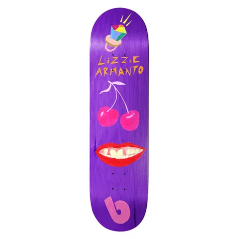 Birdhouse Lizzie Armanto Dani Purple 8.25 skateboard deck: Purple deck with naive hand-painted images stacked down the board: a candy ring, a pair of cherries and a smiling mouth with red lips. Rider name in orange lettering and a pink 'b' logo at the tail.