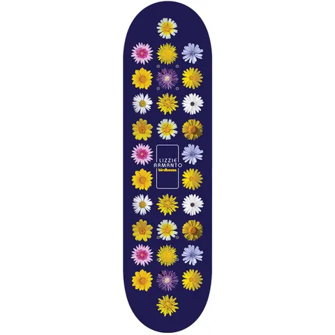 Birdhouse Lizzie Armanto Floral 8.0 skateboard deck: Photographic daisy-like flowers in yellow, white, pink, purple and lilac set in a tidy grid of three columns down a navy deck, with a small outlined panel holding the rider name and Birdhouse logo at the centre.