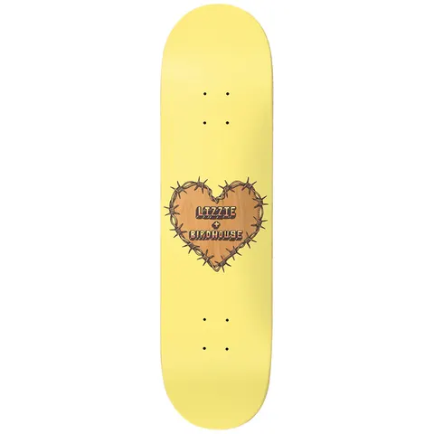Birdhouse Lizzie Armanto Heart Protection 8.0 skateboard deck: Heart wrapped in barbed wire, filled with bare wood grain and carrying the rider's name and brand in raised lettering, centred on a pale yellow deck.