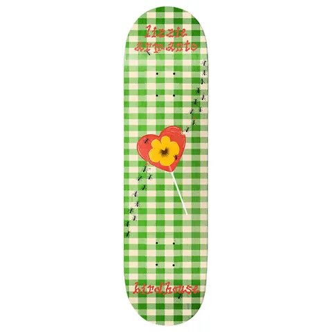 Birdhouse Lizzie Armanto Left Overs 8.0 skateboard deck: A green gingham picnic cloth pattern with a red heart-shaped lollipop holding a yellow pansy, with lines of black ants marching towards it. Hand-lettered rider name above and brand below in red.