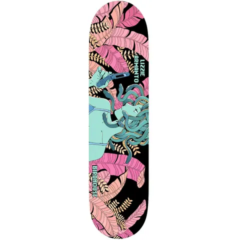Birdhouse Lizzie Armanto Medusa 8.0 skateboard deck: A teal-skinned Medusa with snake hair holds a flip phone, surrounded by pink and peach banana leaves and gold foliage on a black deck. Rider name and Birdhouse in pale teal lettering along the sides.