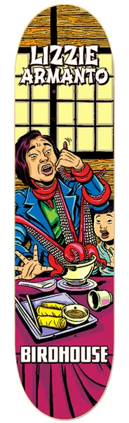 Birdhouse Lizzie Armanto Mexipulp 7.875 skateboard deck: Pulp-comic scene of a woman in a blue jacket eating at a restaurant table, a red tentacle wrapped around her scarf and a bowl, with a child at her side, spring rolls and chopsticks in front. Name in white lettering at the top and 'Birdhouse' at the bottom.