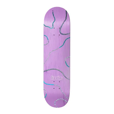 Birdhouse Lizzie Armanto Necklace 8.25 skateboard deck: Teal and silver necklace chains and beaded strands winding loosely across a lilac stained deck, with a small outlined lizzie logo near the tail.