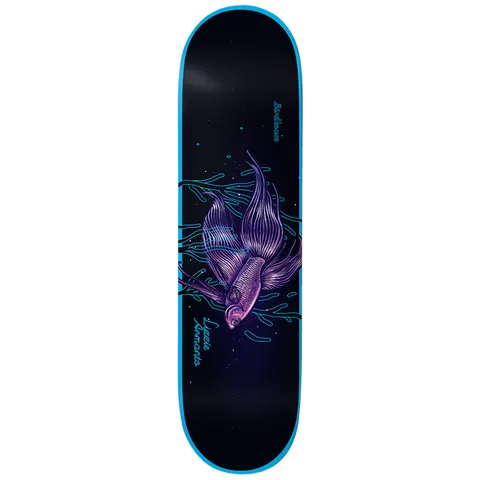Birdhouse Lizzie Armanto Stillness 8.0 skateboard deck: Purple and pink fighting fish with long flowing fins swimming among blue neon-style water lines on a dark navy deck with a bright blue border. Rider name in blue script.