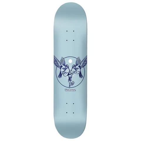 Birdhouse Logo Hummingbird 8.25 skateboard deck: Two navy line-drawn hummingbirds feeding from a single flower inside a circle, with a small white moon and Birdhouse logo beneath, on a pale blue deck.