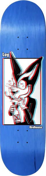Birdhouse Loy 3D Animals 8.38 skateboard deck: Outline cartoon of a snarling dog or fox in a studded jacket, drinking from a bottle marked with an X, in a red and cyan 3D anaglyph effect within a white panel on a blue stained deck. Small rider and Birdhouse labels.