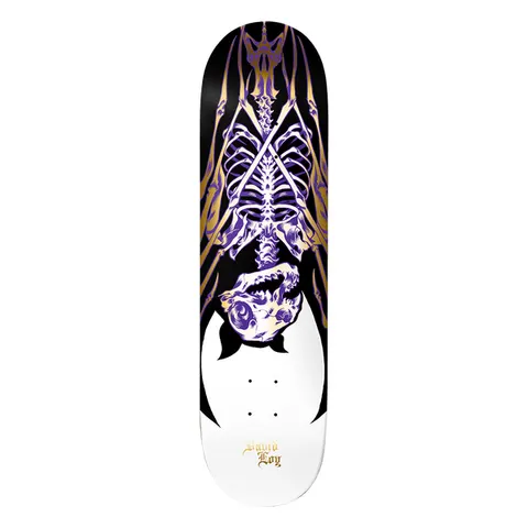 Birdhouse Loy Golden Remains 8.475 skateboard deck: X-ray style purple and gold skeleton of a hanging bat with outstretched ribs and wings, above a white rounded area on a black deck. David Loy name in small gold gothic lettering.
