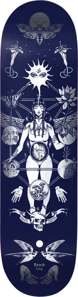 Birdhouse Loy Offering 8.5 skateboard deck: Symmetrical occult-style illustration in silvery white on navy: a pregnant woman with wings among moths, flowers, hands, mushrooms and a skull, beneath a sun with an eye and an all-seeing symbol. Swallows and banner text near the tail.