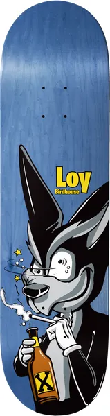 Birdhouse Loy Remix 8.38 skateboard deck: Cartoon black-and-grey wolf-like character in a jacket, dazed with stars around its head, smoking a cigarette and holding a bottle marked with an X. Birdhouse Loy logo in yellow above, on a blue woodgrain stain.