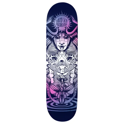 Birdhouse Loy Self Discovery 8.5 skateboard deck: Symmetrical psychedelic illustration of a horned woman's face beneath a sun emblem, with a meditating figure, leopard eyes, profile faces and a rippling pool below. Fades from navy to pink and white.