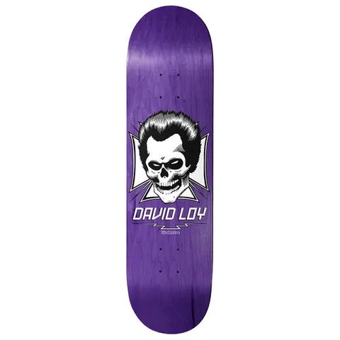 Birdhouse Loy Skull 8.38 skateboard deck: Skull with a black quiff hairstyle in front of a white Iron Cross shape, with the name David Loy and a lightning bolt beneath it. Small Birdhouse logo below, on a purple stained deck.