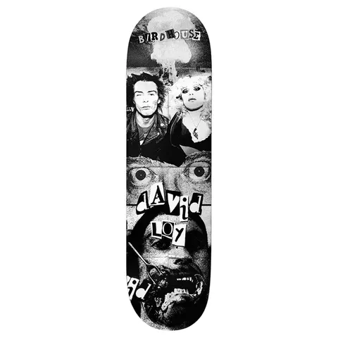 Birdhouse Loy Sunday Matinee 8.475 skateboard deck: Black and white photo collage with a mushroom cloud at the top, a punk couple in leather jackets, a close-up of wide staring eyes, and a gory screaming face with a hook through it. Cut-out ransom-note style lettering.