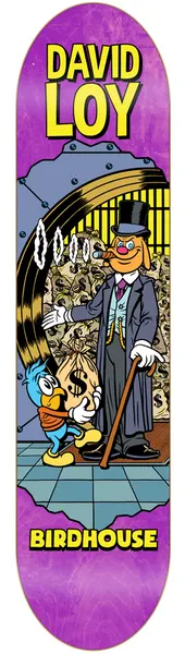Birdhouse Loy Vices 8.38 skateboard deck: Cartoon scene in a bank vault: a top-hatted gentleman with a cigar and cane stands beside a small blue bird carrying a dollar-sign money sack, piles of cash behind them. Purple deck with yellow 'DAVID LOY' and 'BIRDHOUSE'.