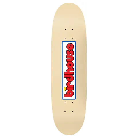 Birdhouse OG Toy Logo Shaped 8.75 skateboard deck: Chunky red lowercase Birdhouse toy logo with a yellow beak on the i, set vertically in a white blue-edged rounded box in the middle of a plain cream shaped deck.