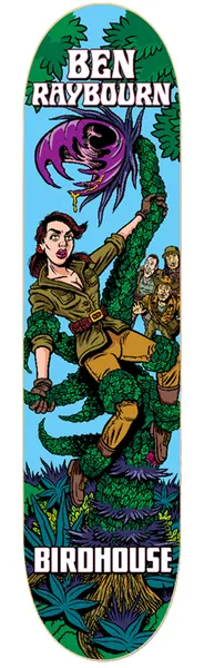 Birdhouse Ben Reybourn Mexipulp 8.25 skateboard deck: Pulp-comic jungle scene of a woman in khaki clothing clinging to a giant green tentacle vine, a purple plant monster above and a group of men below. 'Ben Raybourn' in white lettering at the top and 'Birdhouse' at the bottom.