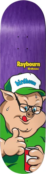 Birdhouse Reybourn Remix 8.5 skateboard deck: Cartoon pig in a green shirt and green cap with the brand logo, wearing glasses, giving a thumbs-up, licking its lips and holding a soda can. It sits on a purple stained deck with the rider name at the top.