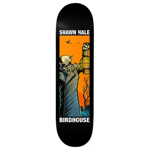 Birdhouse Shawn Hale Second Life 9.0 skateboard deck: A pale vampire in a long grey coat, with red eyes and fangs, holds up a glowing lantern against an orange sky with bats and bare trees, inside a rectangular panel on a black deck. Rider and brand names above and below.