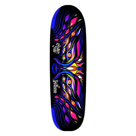 Birdhouse Shawn Hale Entities 8.75 skateboard deck: Wide, rounded-nose black deck with a symmetrical, mask-like pattern of flowing blue lines, eyes and diamond shapes in pink, yellow, green and purple, with a blue nose. Blackletter names run down the left.