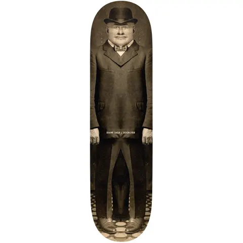Birdhouse Shawn Hale Beautiful Mutants 8.0 skateboard deck: Sepia vintage photograph of a standing man in a bowler hat, bow tie and long dark suit, with his body stretched out to fill the board's length. A small caption sits at his waist.