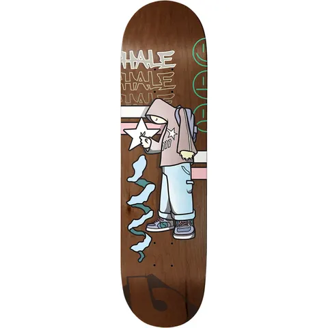 Birdhouse Shawn Hale Been Here 8.5 skateboard deck: Cartoon figure in a hoodie, baggy jeans and trainers, holding a star, with a smoke-like blue squiggle and stacked 'HALE' graffiti-style text above. Pink and white stripes cross the stained brown deck, with green smiley outlines at the top right.