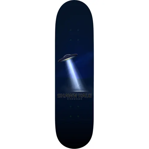 Birdhouse Shawn Hale Encounters 8.5 skateboard deck: A flying saucer shining a beam of light down onto a tiny figure in a dark night landscape, rendered in a realistic photographic style on a deep navy deck, with the rider name printed below.
